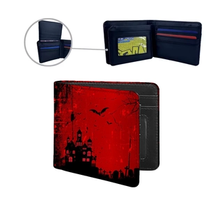 Men's bifold wallet with Gothic castle cemetery silhouette and interior card slots