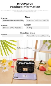 Detailed view of mini PVC jelly bag showing 12cm size with chain strap and quilted texture