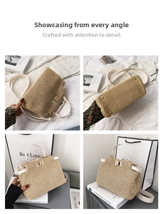 Detail view of straw woven handbag showing gold twist lock and bottom metal protective studs