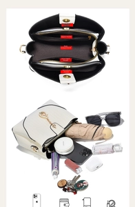 Top view of bicolor bucket bag showing 5 functional interior storage compartments
