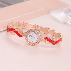 Elegant rose gold quartz watch for women with red enamel leaf strap and crystal accents