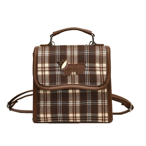 Vintage brown plaid backpack with cute dachshund embroidery and premium leather trim