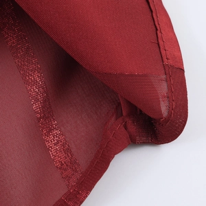 Elegant red mesh French blouse with flared sleeves and shimmering vertical stripe texture