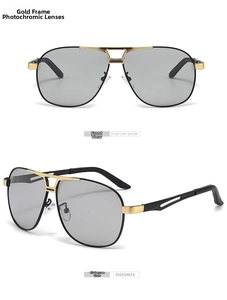 Detail view of gold frame photochromic sunglasses with multi-angle perspectives