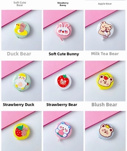 Detailed grid view of 9 mini cartoon retractable measuring tapes with cute 3D silicone icons