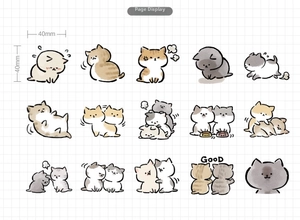 Detail view of 15 pieces of cute cartoon cat stickers on grid paper for DIY scrapbooking