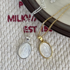 S925 sterling silver Virgin Mary necklace with oval mother of pearl shell pendant