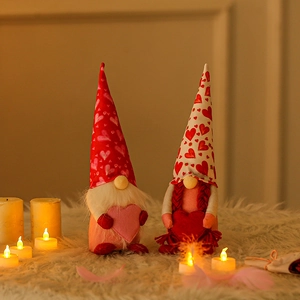 Romantic Mother's Day plush gnomes with hearts on a soft carpet with candles