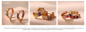 Detailed close-up of gold ear hoops with colorful cubic zirconia in heart and geometric shapes