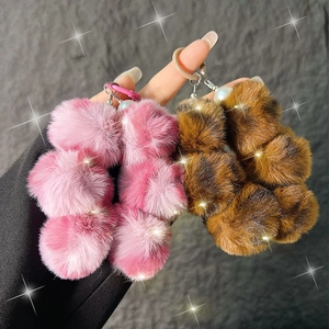 Leopard Print Plush Fur Ball Phone Strap Bag Charm Wristlet Accessory With Faux Artificial Pearl