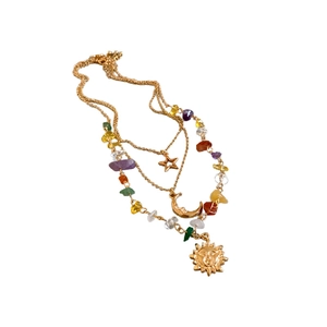 Three-layer gold necklace set featuring celestial sun moon and star pendants with colorful stones