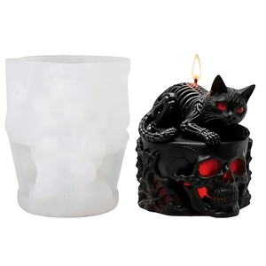 Moule en silicone chat squelette Halloween pour bougies DIY avec base de crâne goth