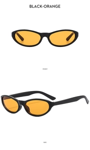 Front and side views of vintage black oval cat-eye sunglasses with orange lenses