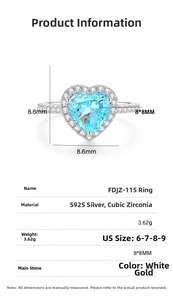 Detailed spec view of S925 silver heart ring with 8x8mm blue cubic zirconia stone