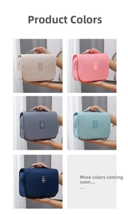 Detail view of hanging travel toiletry bags in five colors with leather travel label