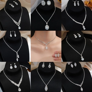 Zircon Rhinestone Necklace And Earrings With Silver Earring Post For Women Bridal Wedding Banquet Jewelry Elegant Marquise