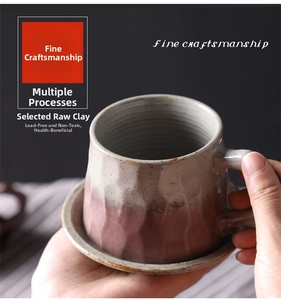 Detail of handmade ceramic coffee mug with dual-tone glaze and hammer texture finish