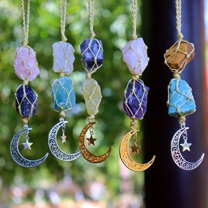 Raw Crystal Stone Hanging Ornament Handmade Woven Rope Mesh Pocket Car Mirror Decor Moon Star Metal Charm Bohemian