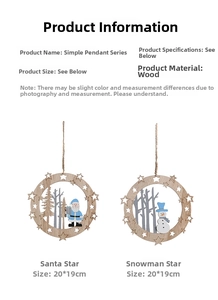 Detail of wooden Christmas tree ornaments with star shape, Santa and Snowman, 20x19cm size