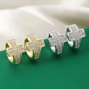 Cross Hoop Earrings Copper Micro Pave Cubic Zirconia Iced Out Hip Hop Style Fashion Dangle Jewelry For Women