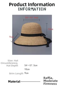 Detaillierte Maße der handgefertigten Raffia-Sonnenhut mit 9cm Krempe und Bandschleife
