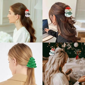 Detail shots of snowman and Christmas tree hair claws worn by a model in a festive setting
