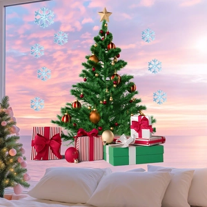 Christmas tree window decals set with gift boxes and snowflakes on bedroom glass