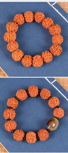 Macro detail of 18-20mm Rudraksha seed bracelet with rich texture and agate bead
