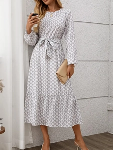 Women Elegant Geometric Print Maxi Dress Polyester Lantern Sleeve Belted Ruffled Hem Crew Neck Bohemian Long Dress