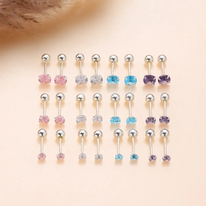 Detailed set of colorful zircon screw-back stud earrings in various sizes and pastels
