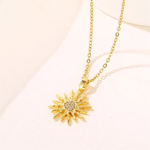 Exquisite golden sun flower necklace with micro-paved zircon stones on a classic O-chain