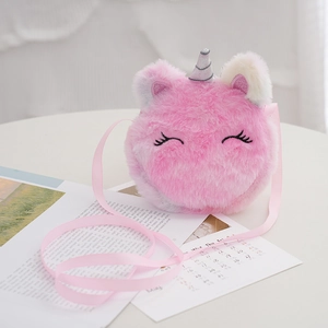 Plush pink unicorn crossbody bag for kids featuring silver horn and closed-eye embroidery