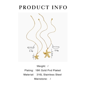 Detailed size and weight specs for 18K gold plated stainless steel starfish necklaces