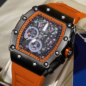 Reloj automático para hombre con correa de goma naranja y caja de forma de tonel