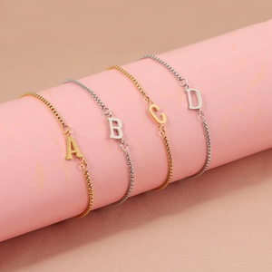 Minimalist adjustable stainless steel letter pendant bracelets in gold and silver finish