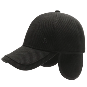 Winter wool baseball cap for middle-aged men with ear flaps in solid black textured fabric