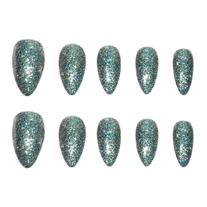 Faux ongles amande à paillettes bleu-vert, lot de 10 pour décoration de Noël festive