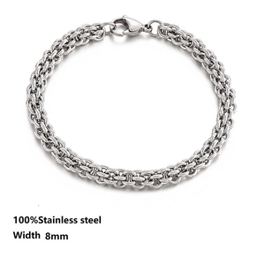 Detail of 8mm silver stainless steel wheat chain bracelet with lobster clasp closure