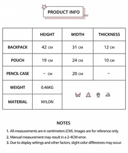 Detailed dimension chart showing nylon backpack, tote, and pencil case size specifications