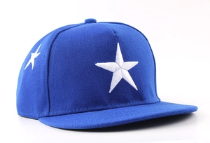 Detailaufnahme der weißen Sternstickerei auf der blauen Flat Brim Hip-Hop Baseballkappe