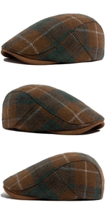 Detailed multi-angle view of the vintage brown plaid wool flat cap showing fabric texture