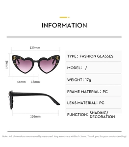 Detailed dimensions of kids heart sunglasses with purple gradient lenses and PC frames