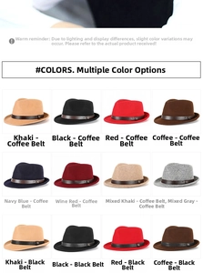 Selection of multi-colored wool fedora hats with leather belts and metal M logo