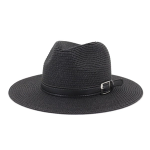 Classic black straw fedora sun hat with artificial leather band and silver metal buckle