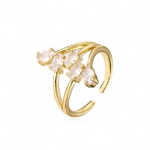 Detail of 18K gold plated ring featuring five oval cubic zirconia on double band