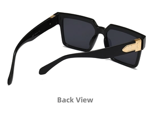 Detail of square sunglasses with gold M-logo metal hinge and model 6387 specs