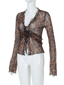 Detail of leopard print mesh cardigan showing sheer fabric and front tie closure
