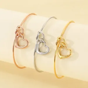 Fashion Heart Pendant Open Bangle 18K Gold Plated Stainless Steel Hollow Out Knot Design Jewelry For Women