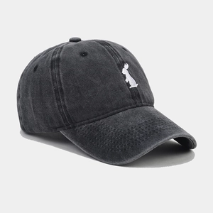 Vintage dark gray washed cotton baseball cap with white rabbit embroidery on front