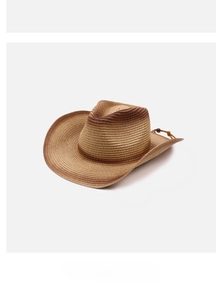 Detail of hand-woven mixed color western cowboy hat with adjustable chin strap and wooden bead